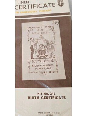 Vtg Linen Embroidery Family Baby Crib Cradle Birth Certificate Kit DIY Decor